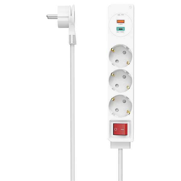Kábel predlžovací Hama 3x zásuvka schuko, 1x USB, 1xUSB-C, vypínač, 1,4 m biely

