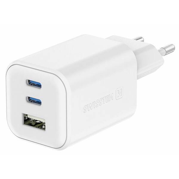 Nabíjačka do siete Swissten GAN 2x USB-C 65W PD + 1x USB-A 18W QC biela

