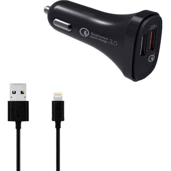 Adaptér do auta WG 2x USB (3,1A), QC 3.0 + Lightning kabel čierny

