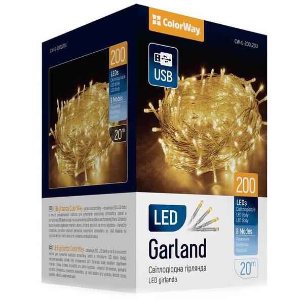 Vianočné osvetlenie ColorWay vnútorné, 200 LED, USB, 20m, teplá biela 

