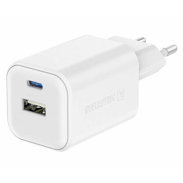 Nabíjačka do siete Swissten GAN 1x USB-C 45W PD + 1x USB-A 18W QC biela

