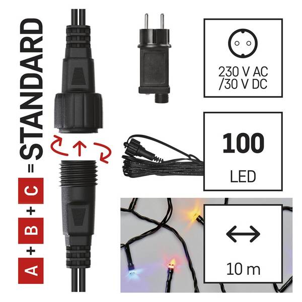 Spojovacia reťaz EMOS 100 LED Základná sada pre spojovacie reťaze Standard, 10 m, vonkajšie, multicolor, časovač 

