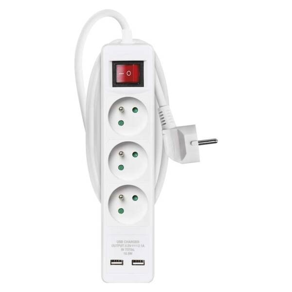 Kábel predlžovací EMOS 3x zásuvka + 2x USB, 2m biely

