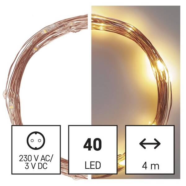 Vianočné osvetlenie EMOS 40 LED nano reťaz medená, 4 m, vonkajšia aj vnútorná, teplá biela, časovač 

