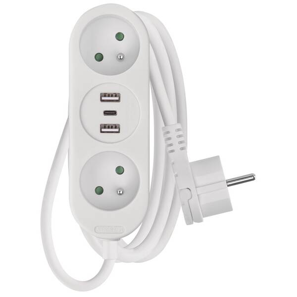 Kábel predlžovací EMOS 2x zásuvka, 2×USB-A + 1×USB-C, 2m biely

