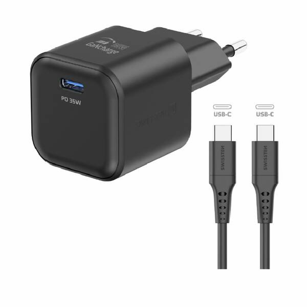 Nabíjačka do siete Swissten GAN 1x USB-C 35W PD + Dátový kábel USB-C/USB-C 1,2 M čierna

