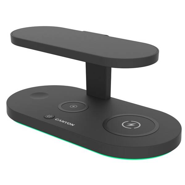Bezdrôtová nabíjačka Canyon 5v1 pro telefon, Apple Watch, Airpods, 1x USB, UV lampa čierna

