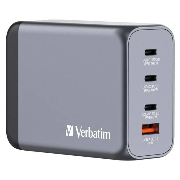 Cestovný adaptér Verbatim GNC-200 GaN, 200W, 3x USB-C PD, 1x USB QC sivý

