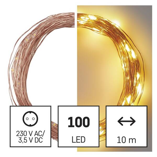 Vianočné osvetlenie EMOS 100 LED nano reťaz medená, 10 m, vonkajšia aj vnútorná, teplá biela, časovač 


