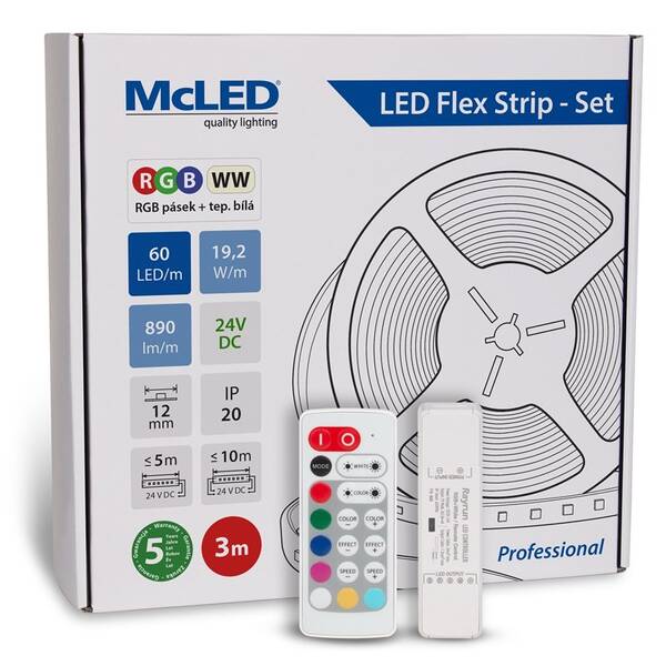 LED pásik McLED s ovládáním Nano - sada 3 m - Professional, 60 LED/m, RGB+WW, 890 lm/m, vodič 3 m 

