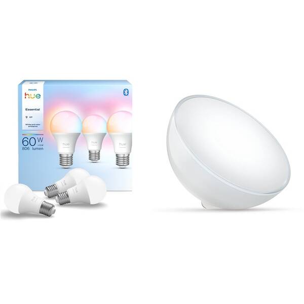 Inteligentná žiarovka Philips Essential Bluetooth, 8 W, A60, E27, White and Color Ambiance (3 ks) + Stolná LED lampička Philips Hue Go Bluetooth White and Color Ambiance 

