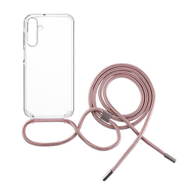Kryt na mobil FIXED Pure Neck s růžovou šňůrkou na krk na Samsung Galaxy A15/A15 5G priehľadný

