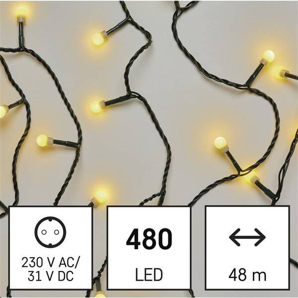 LED reťaz EMOS 480LED cherry reťaz - guličky, 48 m, vonkajšia aj vnútorná, teplá biela, programy, časovač 

