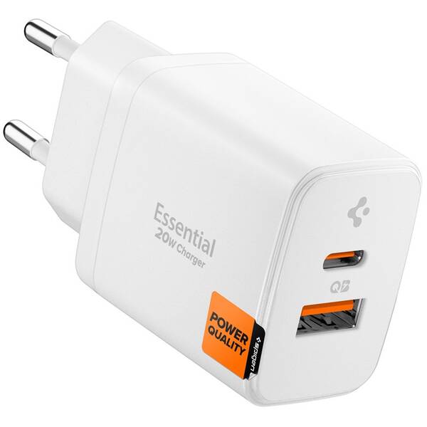 Nabíjačka do siete Spigen Essential 20W 1xUSB-C/1xUSB-A biela

