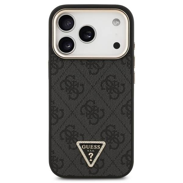 Kryt na mobil Guess 4G Strass Triangle Logo Gold Frame MagSafe na Apple iPhone 18 Pro čierny

