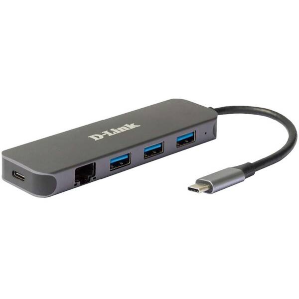 USB Hub D-Link 5v1 z USB-C na Gigabit Ethernet a funkciou Power Delivery sivý

