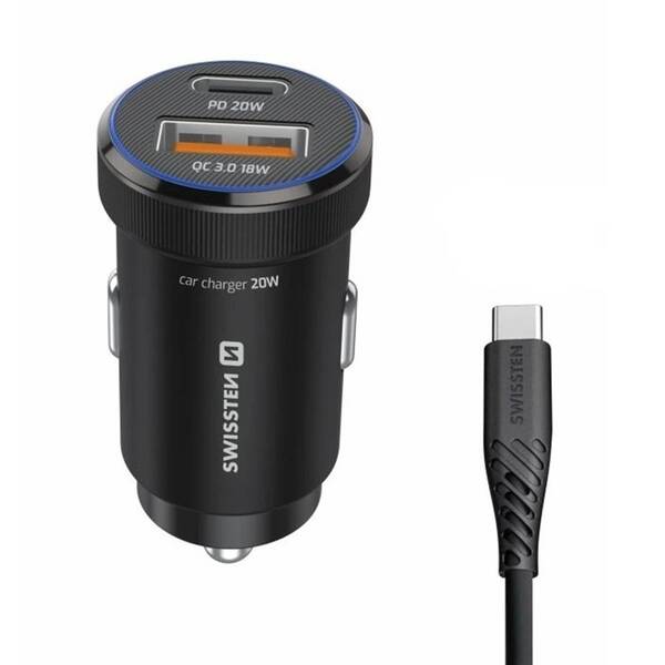Adaptér do auta Swissten USB-C PD + USB-A, 20W + USB-C kábel 1m čierny

