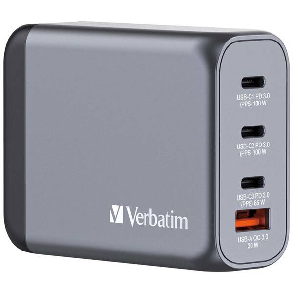 Cestovný adaptér Verbatim GNC-100 GaN 100W, 3x USB-C PD 100/65W, 1x USB-A QC 3.0 strieborný

