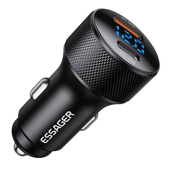 Adaptér do auta Essager s digitálnym displejom PD3.0 + QC3.0 45W čierny

