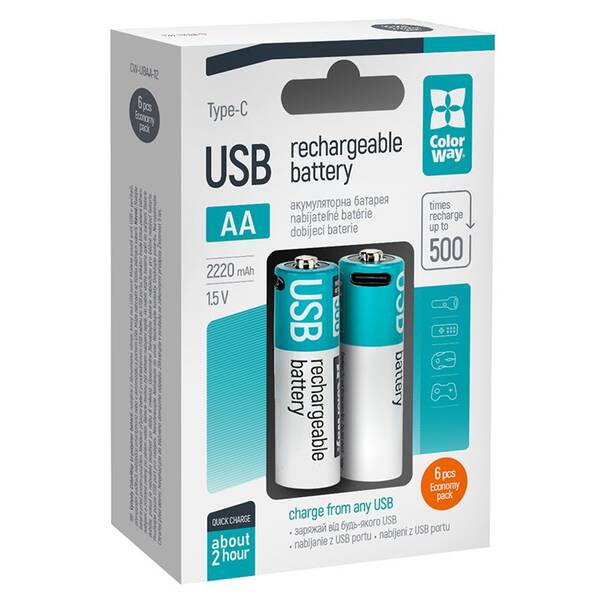 Batéria nabíjacia ColorWay AA 2200mAh, Li-Pol, USB-C, 1.5V, 6ks 


