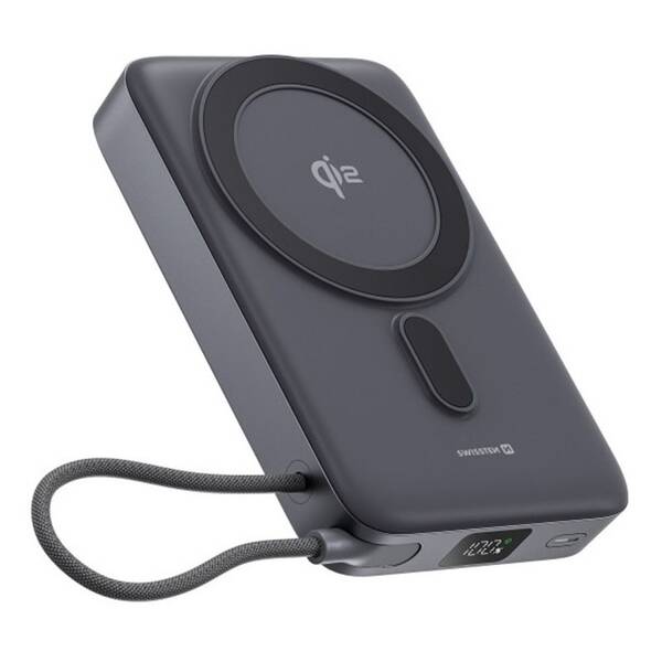 Powerbank Swissten MagSafe Qi2 15W, 10000 mAh, integrovaný kábel USB-C čierny

