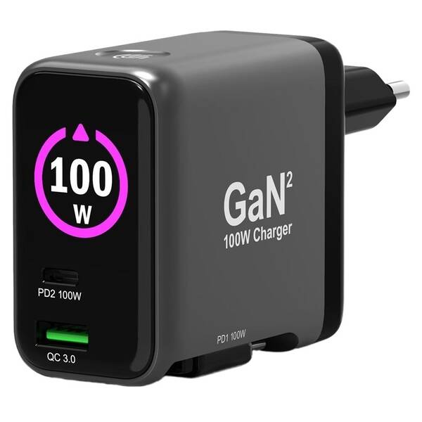 Sieťový adaptér PORT CONNECT GaN2 100W, 2x USB-C PD + USB-A QC, OLED displej 

