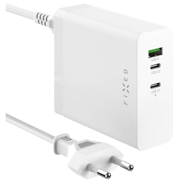 Nabíjačka do siete FIXED Charging Station, 2xUSB-C 1xUSB-A, GaN, PD 3.1, 140W biela

