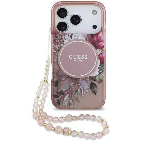 Kryt na mobil Guess IML Flowers Strap MagSafe na Apple iPhone 17 Pro ružový

