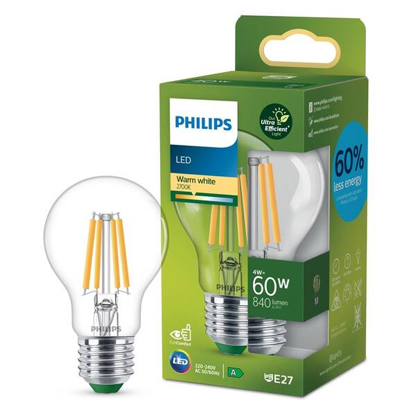 LED žiarovka Philips 60W, filament, A60, E27, teplá bílá 

