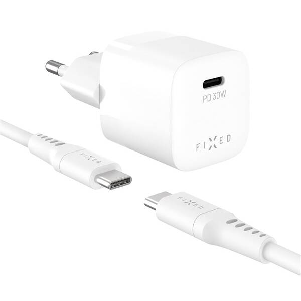 Nabíjačka do siete FIXED Mini GaN, PD 30W, 1xUSB-C + USB-C/USB-C kabel, 1,2m biela

