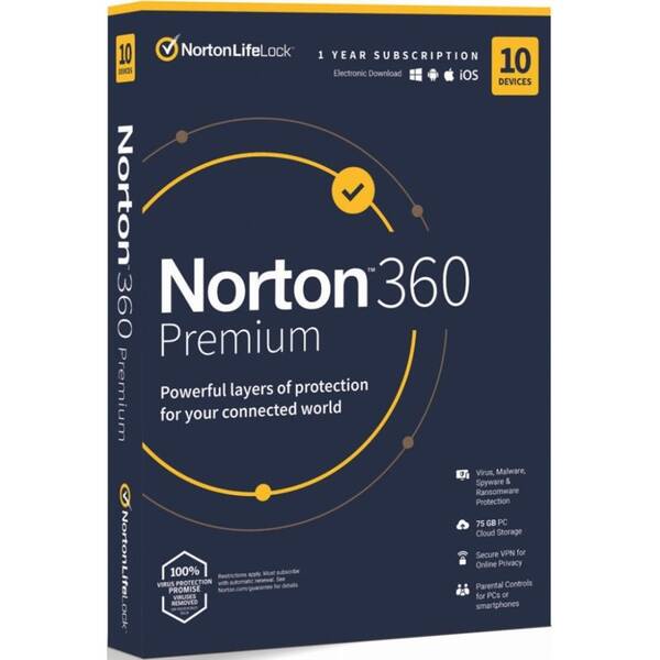 Softvér Norton 360 PREMIUM 75GB CZ 1 užívateľ / 10 zariadení / 12 mesiacov (BOX) 

