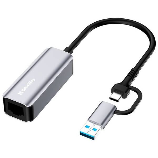 Sieťová karta ColorWay USB-C nebo USB-A na RJ45, 18cm sivá

