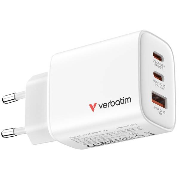 Nabíjačka do siete Verbatim Essentials 65W, 2×USB-C PD, 1×USB-A QC biela

