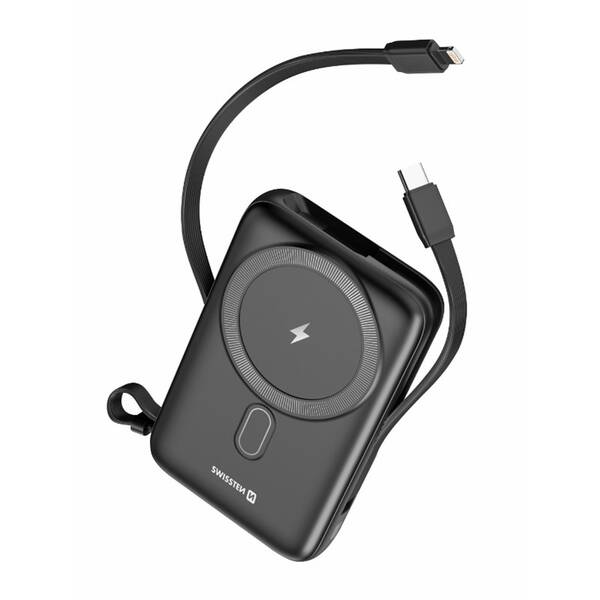 Powerbank Swissten 10000 mAh, PD 20W s integrovanými káblami USB-C a Lightning (kompatibilný s MagSafe) čierny

