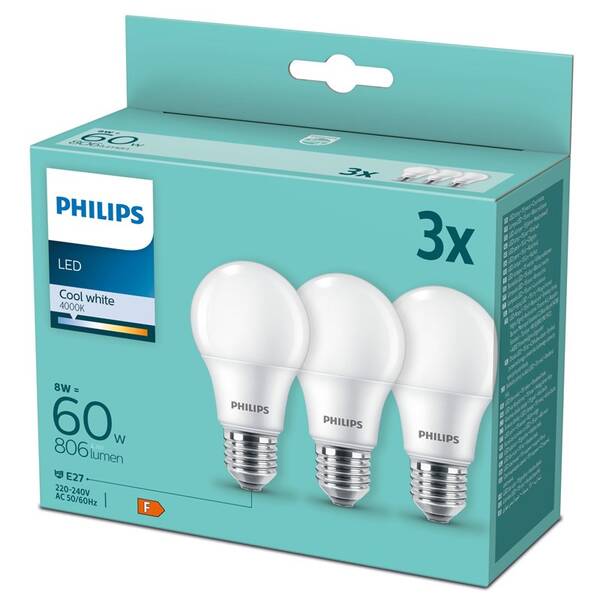 LED žiarovka Philips klasik, 8W, E27, studená biela (3ks) 

