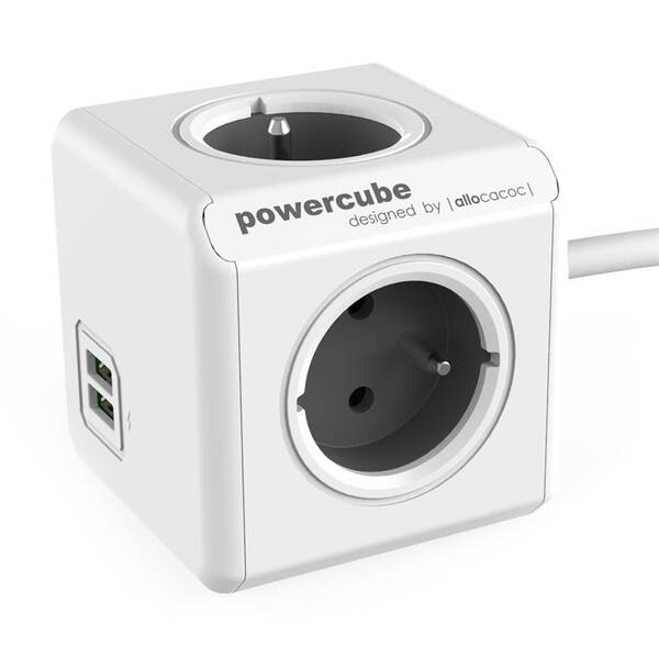Kábel predlžovací Powercube USB, 4x zásuvka, 2x USB, 1,5m sivý/biely

