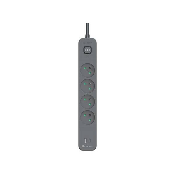Prepäťová ochrana Tracer Power Line + mobile ready, 4x zásuvka + 1x USB A + 1x Type C, PD18W), 1,5 m čierna

