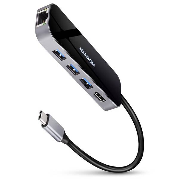 USB Hub Axagon USB 3.2 Gen 1 húb, 3x USB-A, HDMI 4k/60Hz, RJ-45 GLAN, PD 100W, kábel USB-C 20cm sivý

