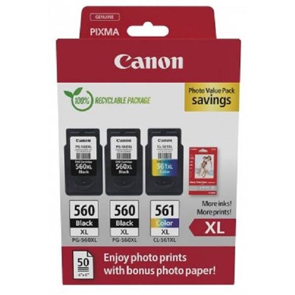 Cartridge Canon PG-560XLx2/CL-561XL PVP / 2x Black + Color / 2x400str + 1x300str. + fotopapier 50ks 

