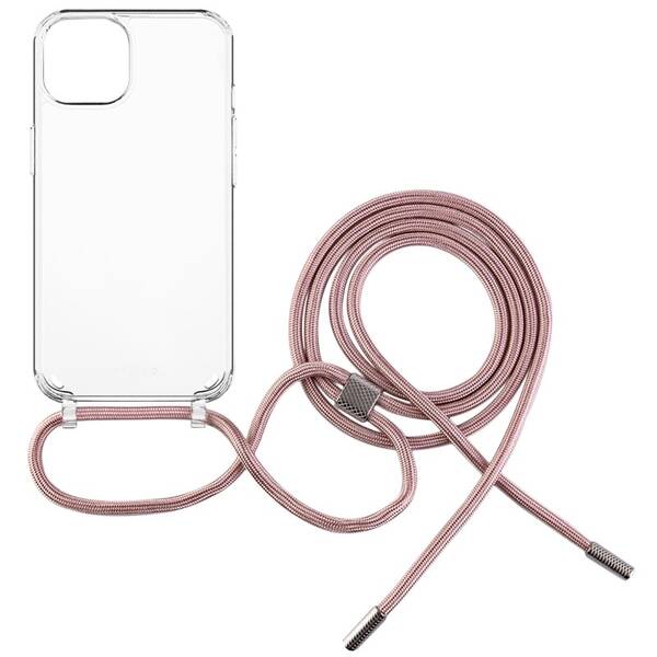Kryt na mobil FIXED Pure Neck s ružovou šnúrkou na krk pre Apple iPhone 15 Plus priehľadný

