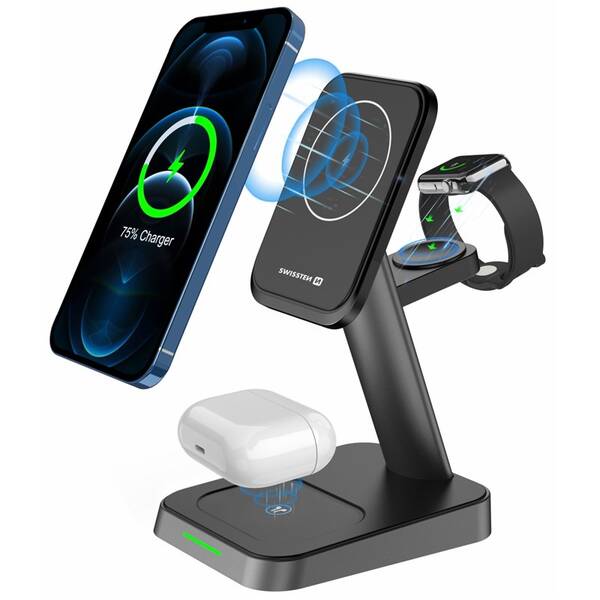 Bezdrôtová nabíjačka Swissten MagStick 3 v 1, 22,5W, MagSafe čierna

