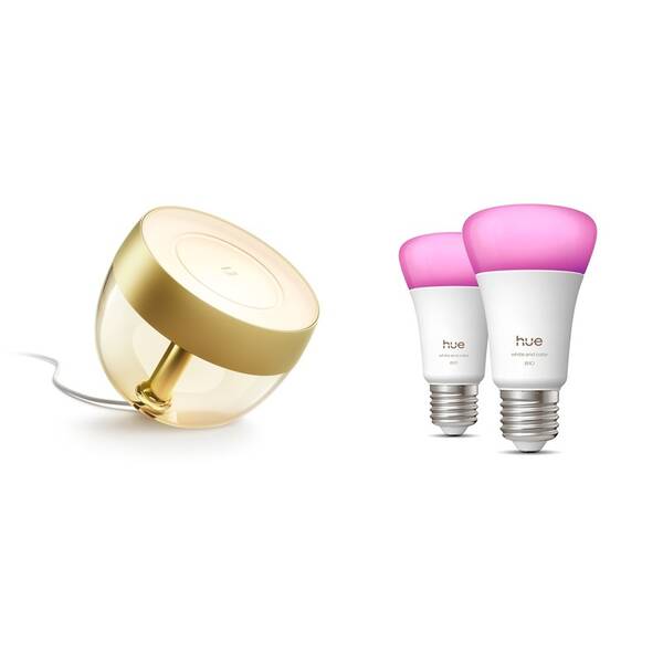 Inteligentná žiarovka Philips Stolní LED lampička Philips Hue Iris Gold Special Edition - zlatá + Chytrá žárovka Philips Hue Bluetooth, E27, 810 lm, White and Color Ambiance (2 ks) 

