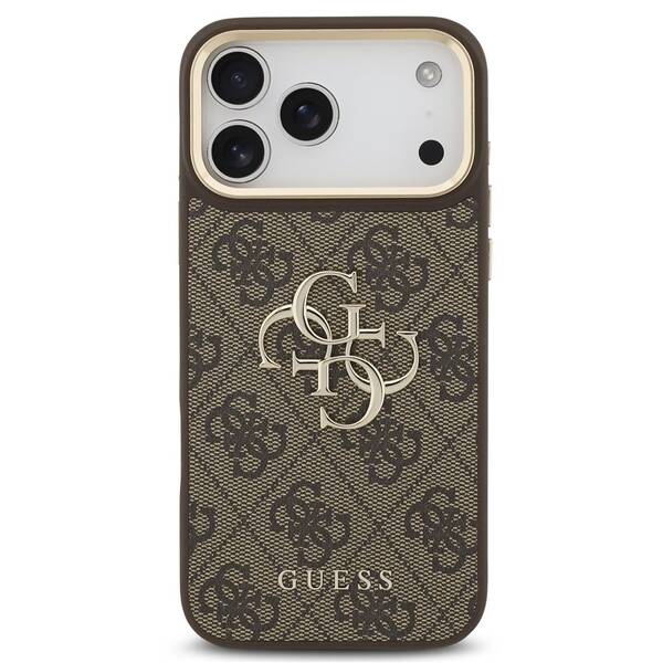 Kryt na mobil Guess 4G Metal Logo Gold Frame na Apple iPhone 18 Pro hnedý

