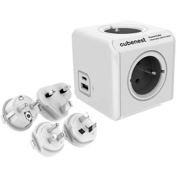 Cestovný adaptér Cubenest PowerCube ReWirable USB PD 20W, 1x USB-A, 1x USB-C, 4x zásuvka sivý/biely

