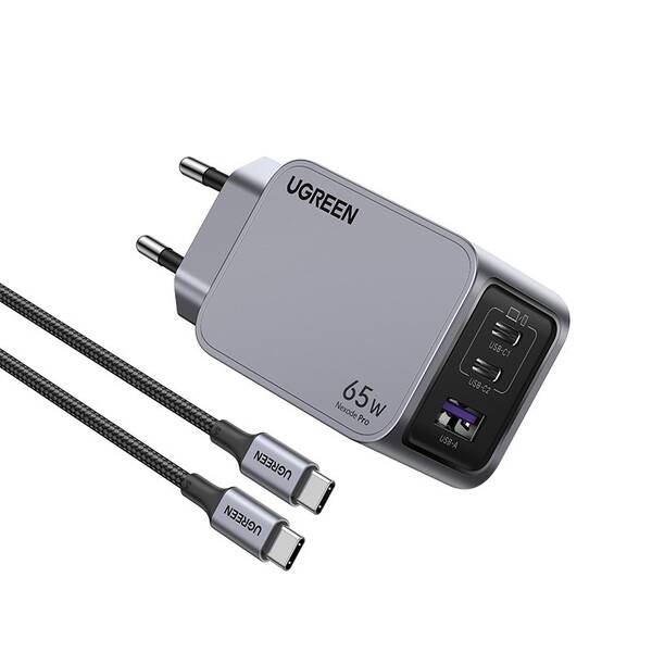 Nabíjačka do siete UGREEN Nexode Pro 65W GaN, 2x USB-C, 1xUSB-A strieborná


