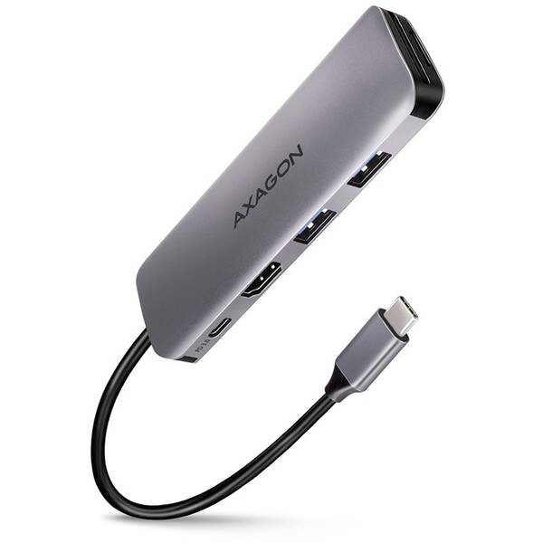 USB Hub Axagon USB 3.2 Gen 1 húb, 2x USB-A, HDMI, SD/microSD slot, PD 100W, kábel USB-C 20cm sivý

