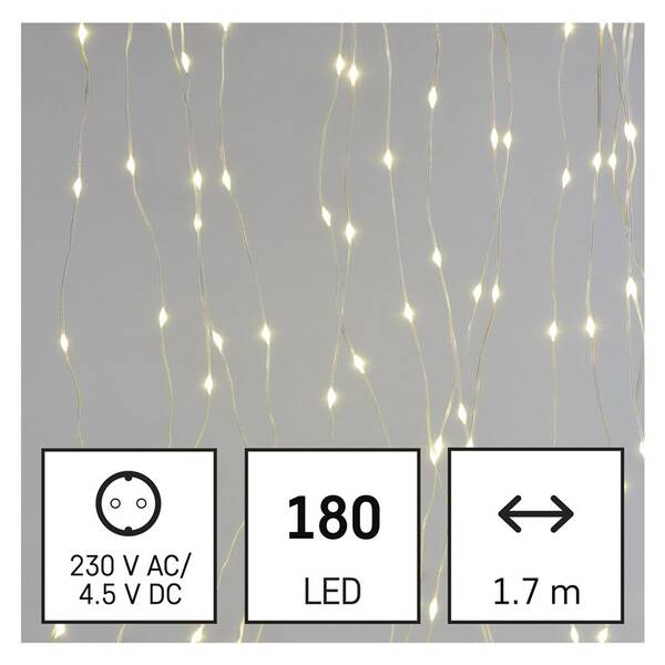 Vianočné osvetlenie EMOS 180 LED drop řetěz – záclona, 1,7x1,5 m, venkovní i vnitřní, teplá bílá, programy 

