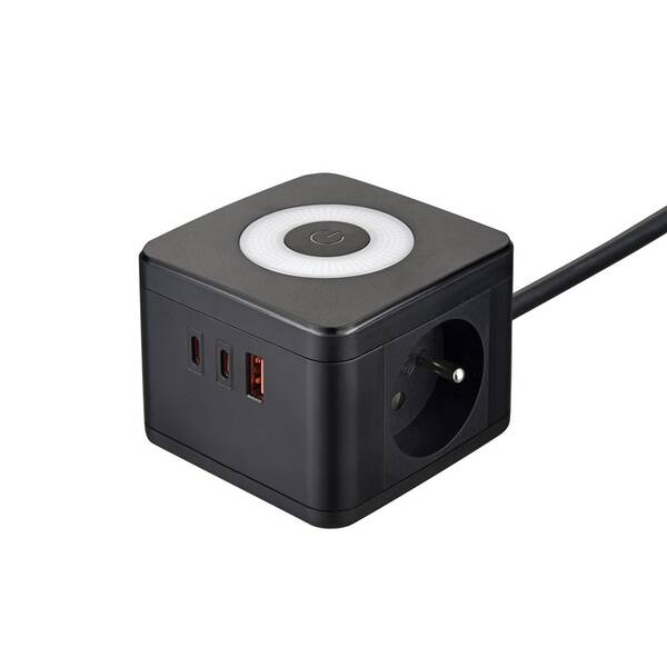 Kábel predlžovací Viking YC23LB, 2x zásuvka, 1x USB-A, 2x USB-C, svetlo, vypínač, 1,4 m čierny

