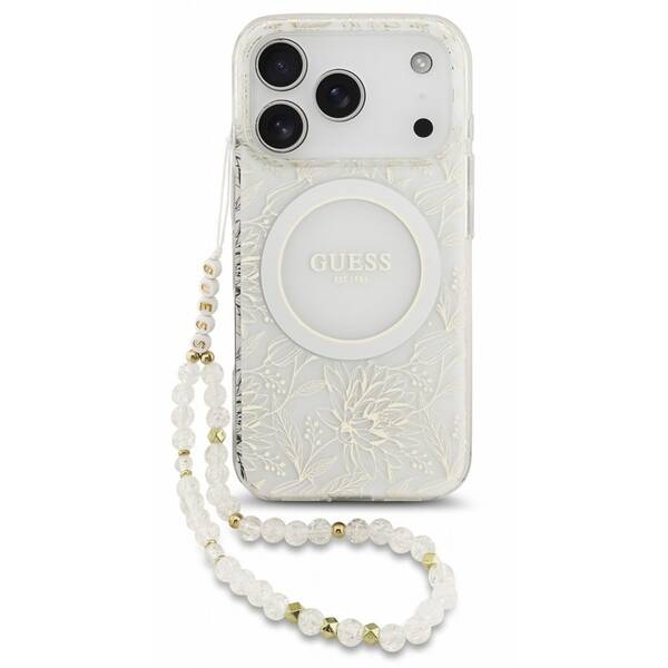Kryt na mobil Guess IML Flowers Allover Strap MagSafe na Apple iPhone 18 Pro Max biely

