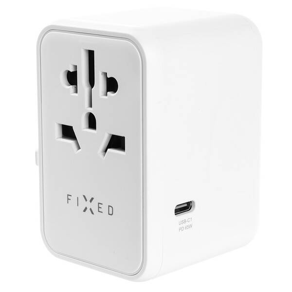 Cestovný adaptér FIXED pre EU, UK a USA/AUS, s 3xUSB-C a 2xUSB výstupom, GaN, PD 65W biely

